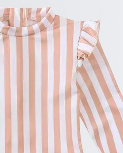 Peachy Stripe Long Sleeve Ruffle Swimsuit